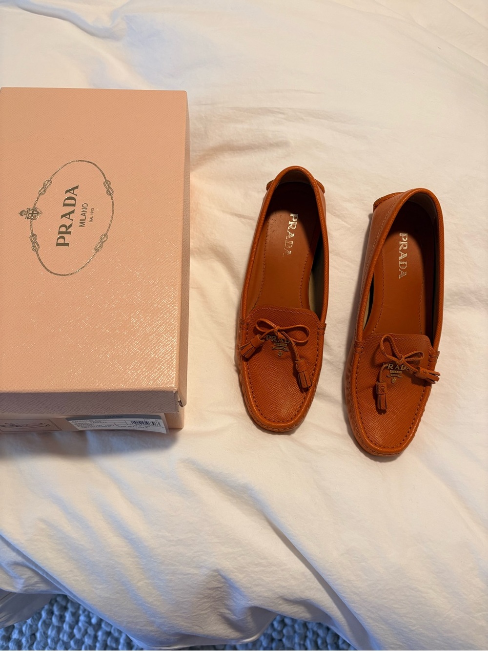 Prada Orange Saffiano Leather Moccasin Loafers - Picture 3 of 5